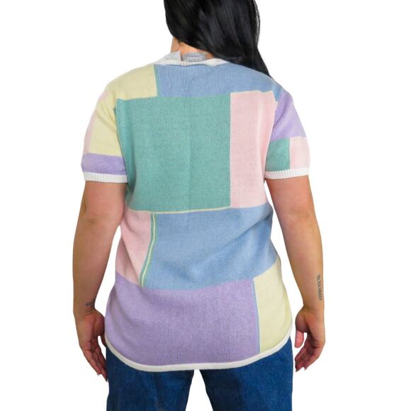 1980s Blair Pastel Color Block Short Sleeve Knit Top Large - Picture 3 of 7